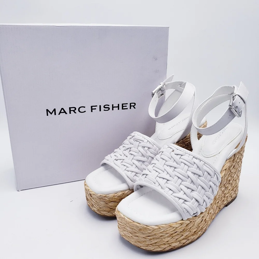 Marc Fisher Godina‎ Wedge Platform Espadrille Sandal White 4.5